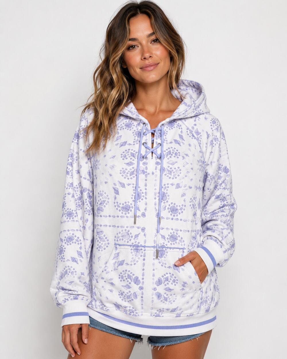 SER.O.YA Foster Hoodie Small White Lavender Floral Lace-Up Pullover NWT